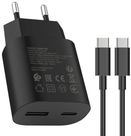 Schnellladegerät Ladeadapter netzteil 25W USB Typ-C 15W USB Typ-A Ladegerät mit Ladekabel 200cm für: Samsung Galaxy S25 S24 S23 S22 S21 S20 Ultra A56 A55 A54 A36 A35 iPhone 17 16 15 Pro/Max/Plus