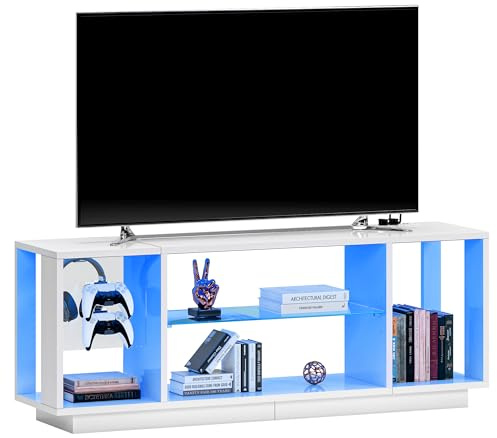 SogesPower LED TV-Konsole 140x35x52cm | Weiß mit UV-Hochglanz & Melaminstruktur | RGB 7-Farben-Beleuchtung + EU-Steckdose | Höhenverstellbares Glasregal für Wohnzimmer/Schlafzimmer