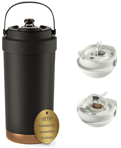 VETIN 500ml Kaffeebecher to go Thermo aus 316 Edelstahl mit Strohhalm, Thermobecher Kaffee to go, Coffee Becher mit Auslaufsicherem Deckel (Schwarz mit Stroh)