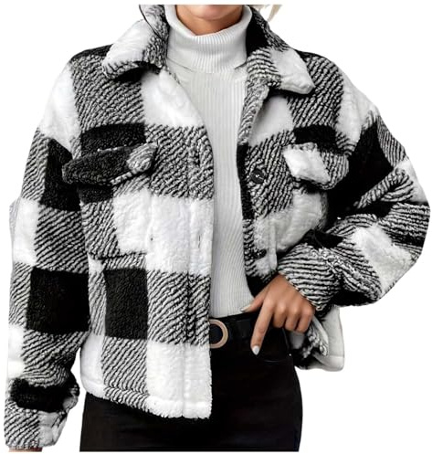 Gefomuofe Chemise en flanelle pour femme - Veste d'hiver chaude à carreaux - Veste en peluche - Manches longues - Sweat à revers - Veste polaire - Veste de loisirs