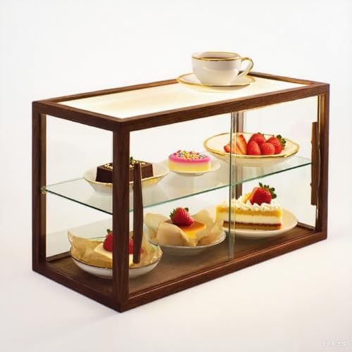 Vitrine de boulangerie en bois – Vitrine à pâtisserie en verre transparent double couche 60 cm en noyer pour biscuits, desserts, cupcakes et objets de collection – Idéal pour les cafés et boulangeries