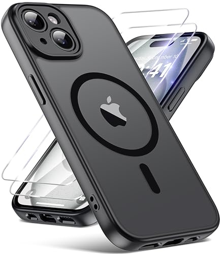 FLLAO Magnetic for iPhone 15 Case with 2 HD Screen Protector, Black | 2 Tempered Glass, Full Camera Protection, Military-Grade Shockproof, Slim Translucent Matte Hard Back Bumper Phone Cover