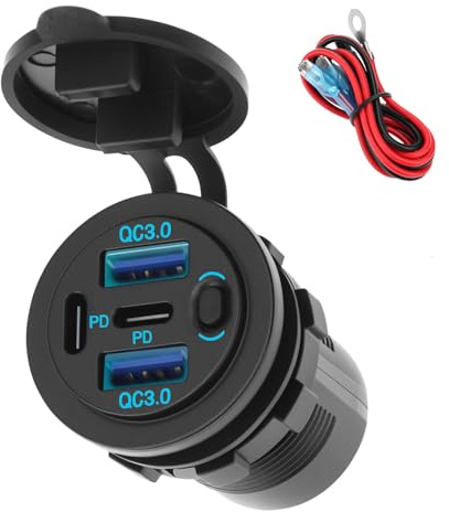 QWORK® Prise USB 12 V (4 Ports, 90 W) pour Voiture - 2 Ports USB-C PD 36 W/30 W, 2 Ports USB-A QC 18 W pour Charge Rapide avec Interrupteur, Prise encastrée étanche pour véhicules 12 V/24 V