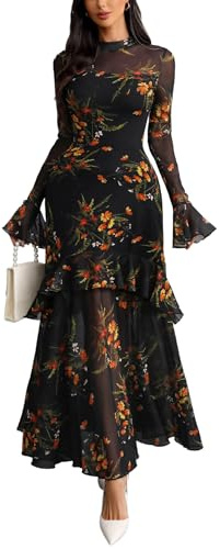 GothDark Womens Long Sleeve Bodycon Evening Winter Wedding Guest Maxi Dress | Round Neck, Fall Bell Sleeve, Ruffle Hem, Date Night, Cocktail, Party, Formal, Elegant Vintage Long Dresses