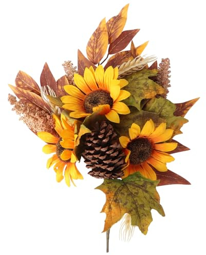 Levemolo Festa Giorno del Ringraziamento Girasole Finto Bouquet Foglie | Fiori Artificiali per Decorazione, Composizione Fiori Finti, Centrotavola Cerimonia, 1Pezzi Nonwovens