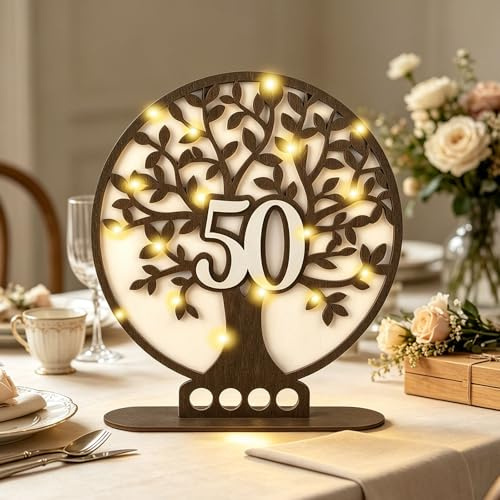 ARTREE Regalo in denaro 50° compleanno e matrimonio dorato in legno – Albero della vita regalo anniversario con LED, decorazione da tavolo e regalo in denaro in un unico