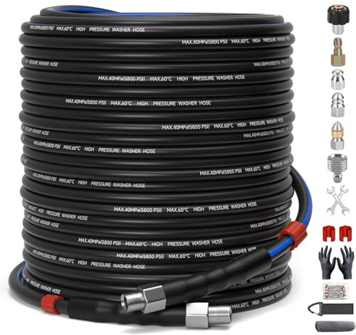 TUTULUCK Sewer Jetter Kit for Pressure Washer 200FT, Drain Cleaner Hose 5800PSI 1/4 Inch NPT Corner with Sewer Cleaning Tool High Pressure Nozzle and Spanner Waterproof Tape