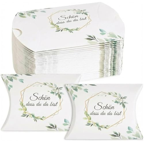 JIRVEX 50 Stück Gastgeschenke Geschenkboxen Schön Dass Du Da Bist für Hochzeit Kommunion Konfirmation Taufe Kissenschachtel für Süßigkeiten