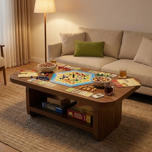 LITTLE TREE Wooden Coffee Table, 47.2 Center Table with Storage, Modern Farmhouse Rectangle Living Room Tables with Rounded Corners for Living Room, Bedroom, Kids Room, Home Office, Brown