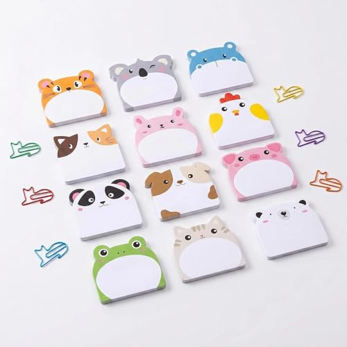 Yipakeh Cute Cat Sticky Notes Memo Pads, 12 Pads + 6 Clips | 12 Pads, 6 Metal Paperclips, Removable No Residue, Office School Journal Planner, Cute Cat Gifts for Women Girls