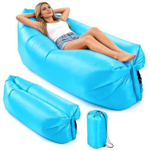 LOMUG Aufblasbares Sofa 235 x 72 cm, Tragbares Luftsofa mit bequemen Kissen, Wasserdichtes Luft Sofa & Lounger, Ideal für Camping Urlaub Wandern Schwimmbad Strandpartys Outdoor Freizeit (Himmelblau)