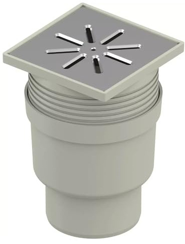 Uponor Aqua Ambient DN 110 Standard Vertikal Bodenablauf mit EDELSTAHL Ablaufrost, Punktablauf mit INOX-Gitter 15 cm x 15 cm, Grau