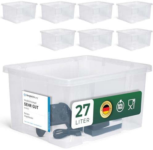 Novaliv 8x Aufbewahrungsboxen ohne Deckel 27L transparente Nestbar Drehstapelbox Euroboxen Kunststoffboxen BPA-frei 44,5x35,5x23 cm für Kistenregal