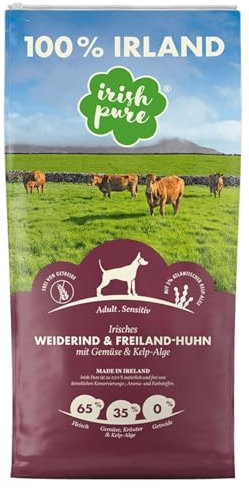 Irish Pure Trockenfutter Adult | 12kg | Weiderind & Freiland-Huhn mit Kelp-Alge | Hoher Fleischanteil | Getreidefrei | Sensitiv | Hundetrockenfutter | Hundefutter für alle Rassen