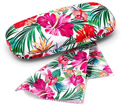 FEFI - Hardcase Brillenetui FLOWER mit samtig weichem Bezug + passendem Mikrofasertuch (Bunt - weiss)