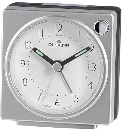 Dugena Quarzwecker, schleichende Sekunde, mit Weckzeiger, Weckwiederholung, Zifferblattbeleuchtung, ansteigendes Wecksignal, Maße 63 x 66 x 33 mm, inklusive Batterie, Farbe:Silber