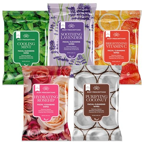 Body Prescriptions Makeup Remover Wipes - Bulk Pack, Gentle Cleansing Wipes for Easy Makeup Removal, Mint, Rosehip, Vitamin C, Lavender & Coconut