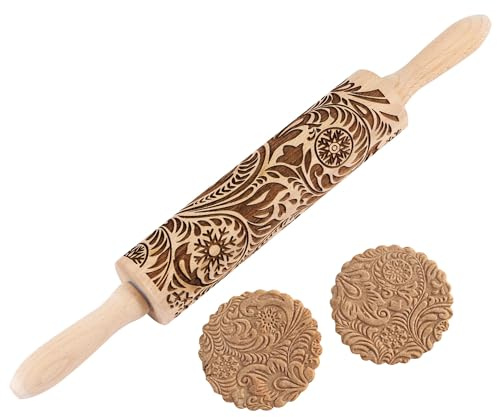 Embossed Wooden Rolling Pin for Baking,Evermarket Deep Engraved Embossing Rolling Pin with Christmas Snowflake Flower Design for Baking Embossed Cookies,Cute Kitchen Decor DIY Tool for Adults