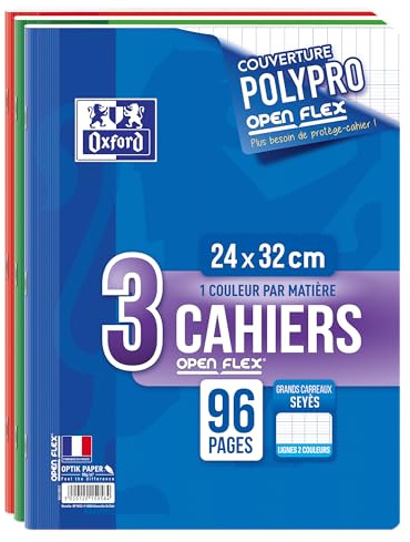 OXFORD Lot de 3 Cahiers 24x32 Grands Carreaux Seyès 96 Pages Couverture Polypro OpenFlex 90g Couleurs Assorties