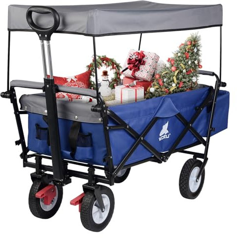 WOLTU Carrello da Giardino Pieghevole con Tetto Carrello da Trasporto a Mano Rimorchio con 4 Ruote Portata 80 kg, Blu