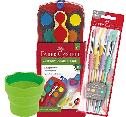 Faber-Castell - Farbkasten CONNECTOR mit 12 Farben, inklusive Deckweiß, (Mal-Set) inkl. Pastell-Softgrip-Pinsel und Wasserbecher Sonderedition