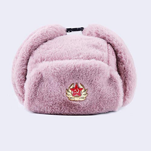 BZNOO Herren Winter Fliegermütze Sowjetisches Abzeichen Ushanka Russische Männer Frauen Winterhüte Armee Militärbomberhut Kosakenfänger Ohrenklappe Schnee Ski Cap-Pink