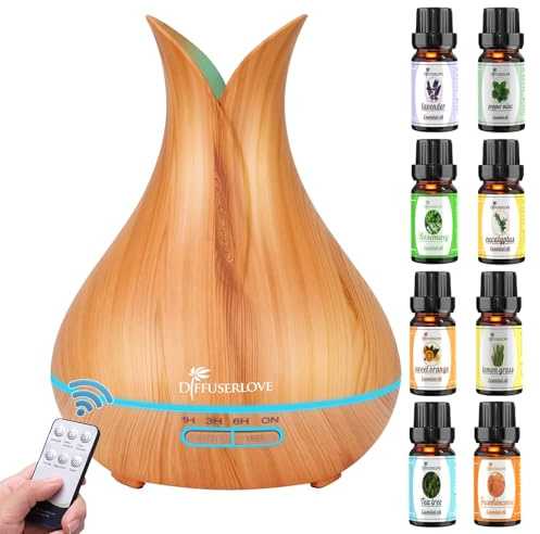 Diffuserlove Diffuseur d'Huiles Essentielles Electrique Diffuseur d'Arômes à Ultrasons Télécommandé Humidificateurs d'Huiles Essentielles Silencieux avec 7 Lampes De Couleur