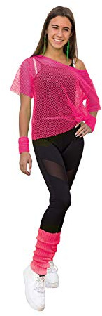 Oblique Unique® Netzshirt + Stulpen Set 2-teilig Neon Pink für Damen 80er Jahre 80s Achtziger Netztop Strümpfe für Karneval Fasching Kostüm Motto Party