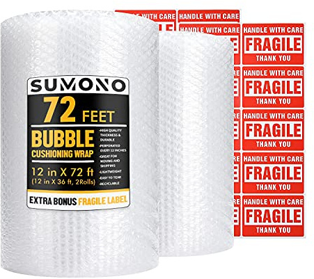 Bubble Cushioning Wrap Roll, Sumono 12 Inch x 72 Feet Total [2 Rolls of 36 Feet] Bubble Roll Perforated 12 Inch Included 20 Fragile Sticker Label