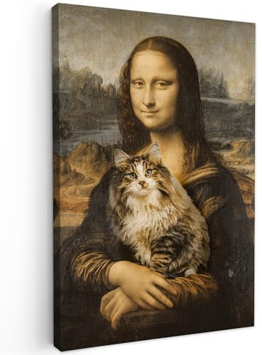 MuchoWow Leinwand Bilder, Einzigartige Wanddeko mit Rahmen, Mona Lisa - Katze - Leonardo da Vinci - Vintage - Kunstwerk - Alte Meister - Gemälde, Wandbilder Wohnzimmer, Deko Schlafzimmer 80x120 cm