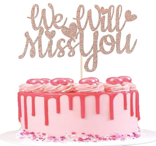 SYKYCTCY 1 Pack We Will Miss You Cake Topper Glitter Red Love Heart Good Luck Cake Pick Retirement Theme Going Away Party Cake Decorations Rose Gold