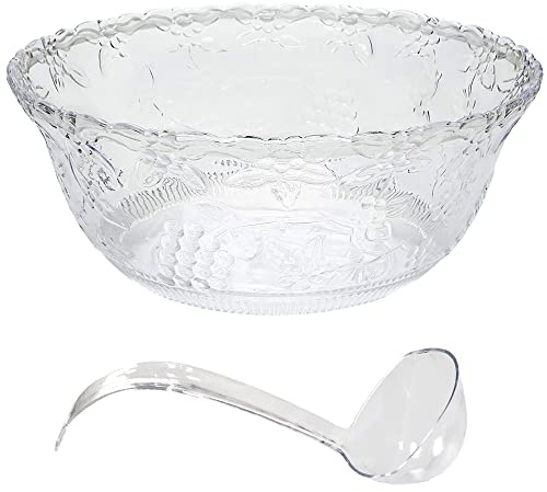 Premium Large Clear Punch Bowl Plastic Lightweight 2 Gallon with Clear Plastic Serving Ladle 5 oz Embroidered Design 8 Quart Serving Bowl