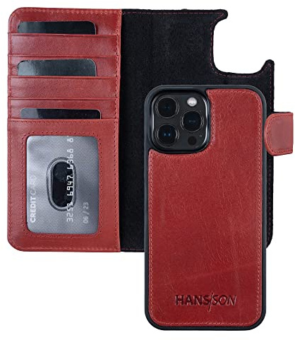 HANS/SON Étui de protection pour téléphone portable en cuir véritable avec compartiments pour cartes - Pour iPhone 12 Pro Max - Rouge - Portefeuille - MagSafe - Résistant aux chocs - Étui de