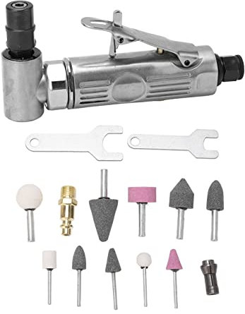 Mini-Luftwinkel-Stabschleifer, 90-Grad-Luft-Stabschleifer mit Luft-Stabschleifer-Stein-Set, pneumatische Winkel-Graviermaschine, pneumatische Mini-Werkzeuge mit 1 Spannzange und 2 Schraubenschlüsseln