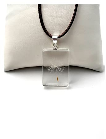 Damen Lederhalsband Kette mit Anhänger - Halskette Pusteblume in Transparent Epoxidharz Rechteck