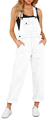 Roskiky Tuta in denim da donna con gamba dritta, jeans a vita regolare, con bretelle regolabili comode, bianco, L