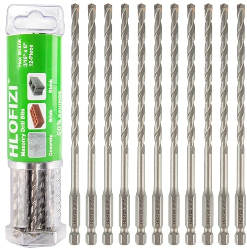HLOFIZI 3/16 x 6 Masonry Drill Bits 3/16 inch Concrete Hammer Drill Bits, for Cement, Brick, Stone, Block, Stucco Wall, 12 Pack, Hex Shank