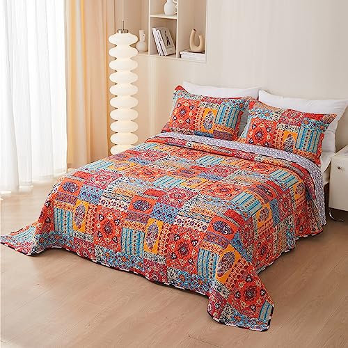 Chickwin Colcha Bouti Reversible Lujoso Estampada Cotton Suave Colcha Cubre Cama Multiusos para Primavera y Verano Incluye 2 Fundas de Cojín, para Cama Individual Matrimonio (150x200cm,Patchwork)