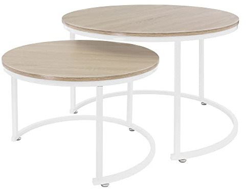 ML-Design Couchtisch 2er Set rund Ø59x40 cm / Ø74x48 cm, MDF-Platte Sonoma-Eiche, Metallrahmen Weiß, Beistelltisch-Set, Satztische in 2 Größen, 2 teilig Wohnzimmertische, Sofatische Kaffeetische Set
