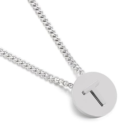 Dsnyu Halskette Silber Frauen, Necklace Women Modern Edelstahl Rund mit Buchstabe T Anhänger Bordstein Kette Schmuck für Geburtstag
