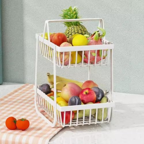JUNYFFF Frutero De 2 Pisos Cesta Frutero Metalico Portátil De Cocina Modernos para Frutas Y Verduras, Canasta De Alambre Ovalada para Almacenamiento Bocadillos, Pan,Blanco