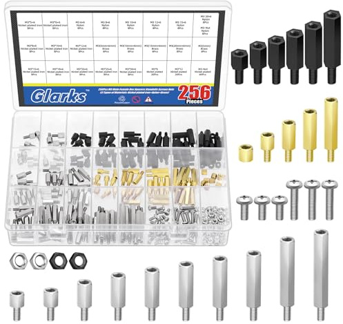 Glarks 256pcs m3 acier au carbone, nylon et laiton kit de support entretoise de montage hexagonal avec vis à tête plate écrou en nylon et écrou hexagonal pour PCB, drone d'avion à quatre axes