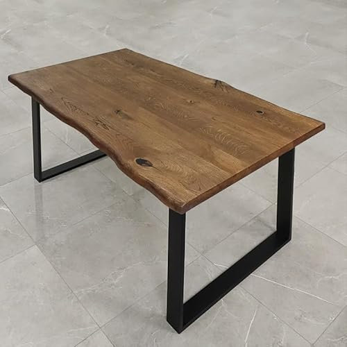 SEART Esszimmertisch LIVE Edge, massiver Esstisch aus Eichenholz, Baumkantentisch, Metallbeine Schwarz (80x140 cm, Öl braun)