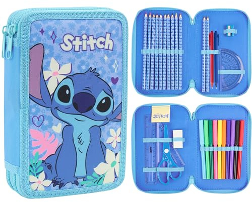 Disney Stitch Federmäppchen Mädchen mit Schulsachen, Frozen Anna und ELSA Federtasche Gefüllt für Schule, Vorschule, Geschenke für Mädchen (Blau Stitch 2 Fächer)