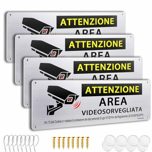 4 Cartelli Area Videosorvegliata in Alluminio Spazzolato 15x5 cm – Segnale Videosorveglianza per Casa, Ufficio, Negozio | Include Viti, Fascette e Nastro Adesivo
