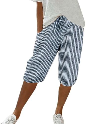 HOOUDO Damen Elastische Taille Gestreifte Lässige Kurze Hose Lose Shorts Aus Baumwolle Und Leinen Shorts Vintage Damen Mit Gummizug Strand Kordelzug Hell Baumwolle Radlerhose Damen