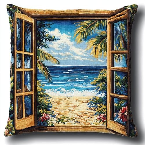 WallustrioaW Landschaft knüpfkissen set erwachsene,Der Strand vor dem Fenster,latch hook kissen kit,DIY Knüpfhaken-Set Knüpfkissen Zum Selber Knüpfen,43x43cm