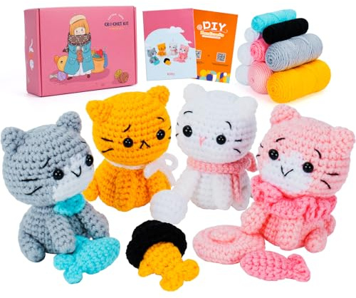 Fortuning's JDS 4 Stück Katze Häkelset für Anfänger Häkeln Tier Kit Komplett Katzen Häkeln mit Garn Haken Nadeln, Schritt für Schritt Video lernen Häkelset Katze Einsteiger Tier Set Anfänger