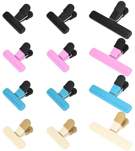 Pack of 12 Food Clips, Food Storage Container, 2 Sizes, Reusable Clips, Freezer Bags for Home, Kitchen, Office, Camping, Snacks, Coffee (Black)