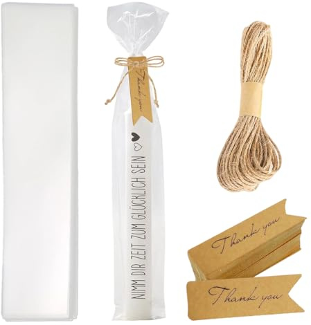ZORVYN 100PCS Sacchetti Cellophane con 100 Etichette in Carta Kraft e 1 Spago di Juta, Bustine per Candele, Regali di Natale, Feste di Compleanno, Confezioni Eleganti (30 * 7cm) (Trasparente)